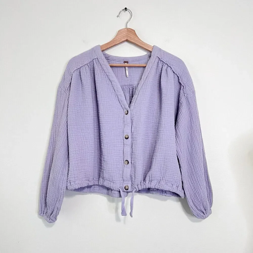 Free People Rising Sun Textured Relaxed Gauze Button Front Blouse XS Lavender